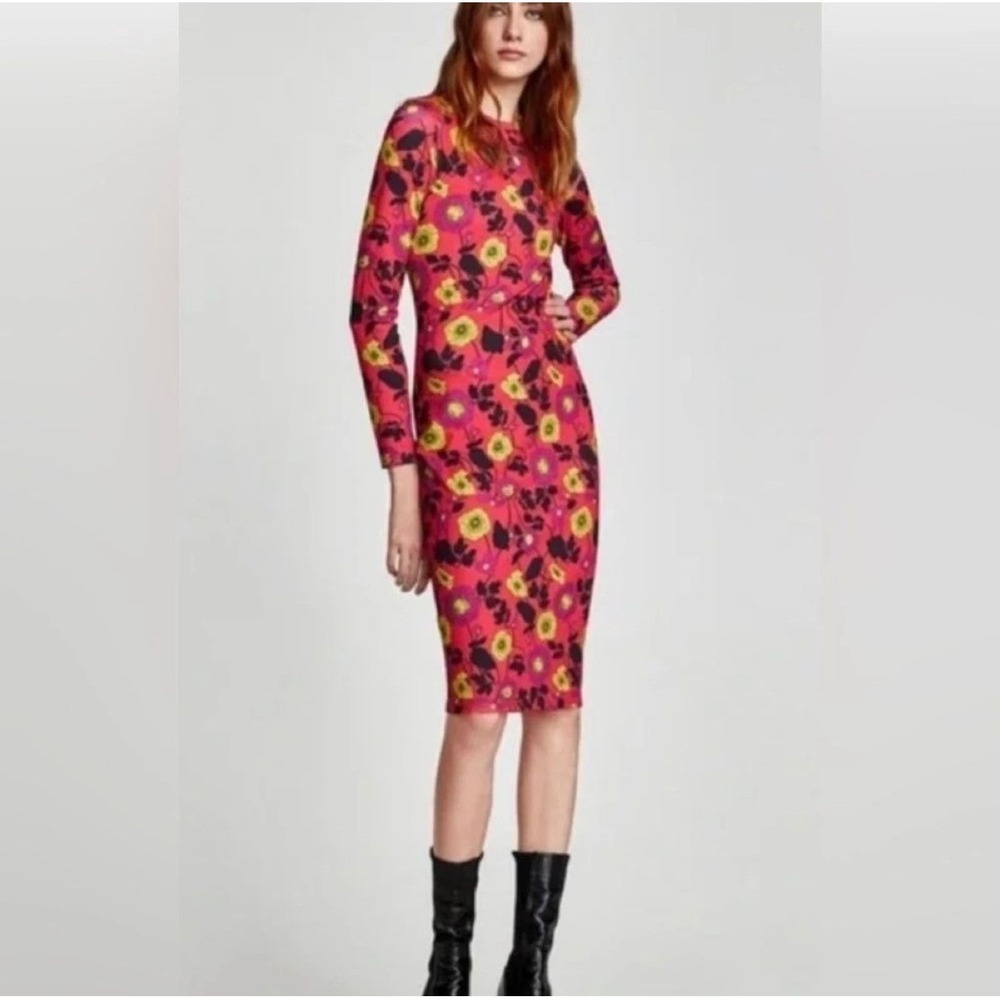 Zara Womens Floral Long Sleeve Midi Dress Red Yellow Bodycon Crew Neck Small